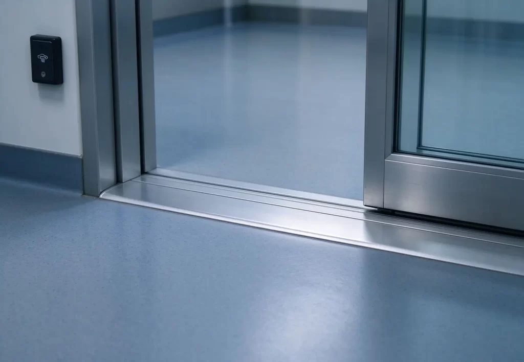 Stainless steel sliding hospital door with flush threshold track and kick plate for smooth wheel transition