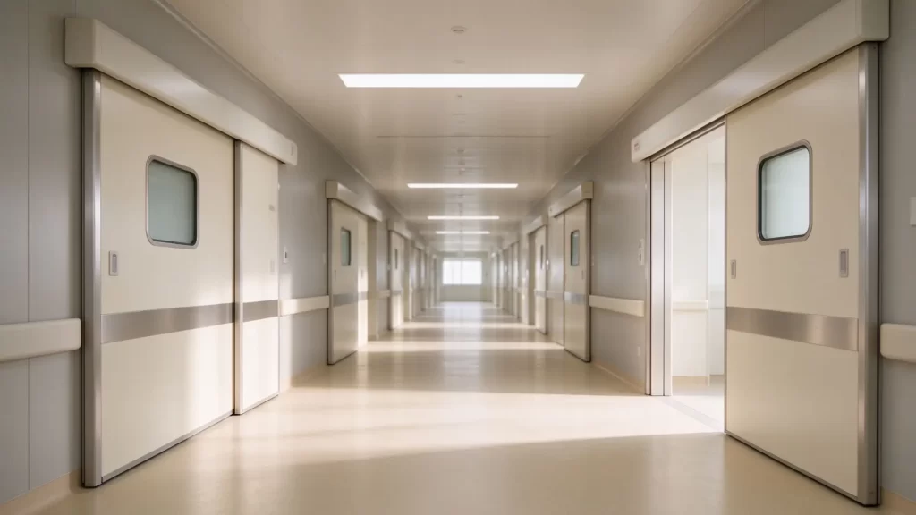 Automatic sliding hospital doors installed in a sterile cleanroom hallway for infection control