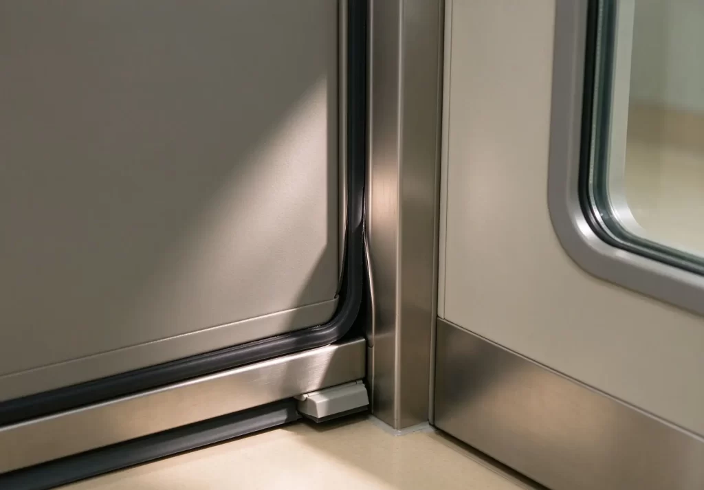 Close-up of hermetic door frame corner showing EPDM perimeter seal and drop-down bottom seal