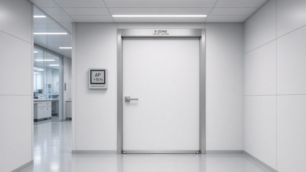 Flush airtight laboratory door with stainless steel frame, drop seal, and digital differential pressure gauge displaying +15 Pa in a cleanroom lab.