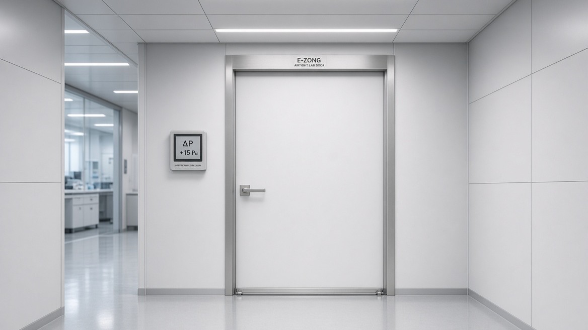 Flush airtight laboratory door with stainless steel frame, drop seal, and digital differential pressure gauge displaying +15 Pa in a cleanroom lab.