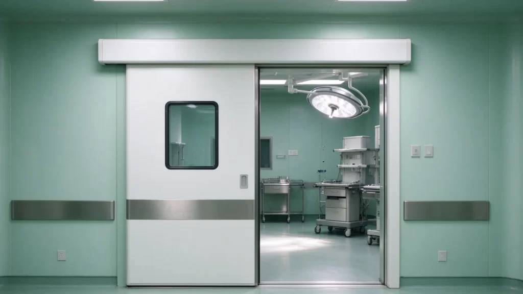 Automatic sliding hermetic door with vision panel and stainless steel kick plate installed at the entrance of a hospital operating room.