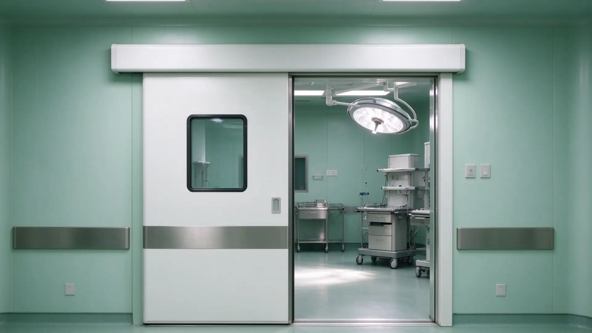 Automatic sliding hermetic door with vision panel and stainless steel kick plate installed at the entrance of a hospital operating room.