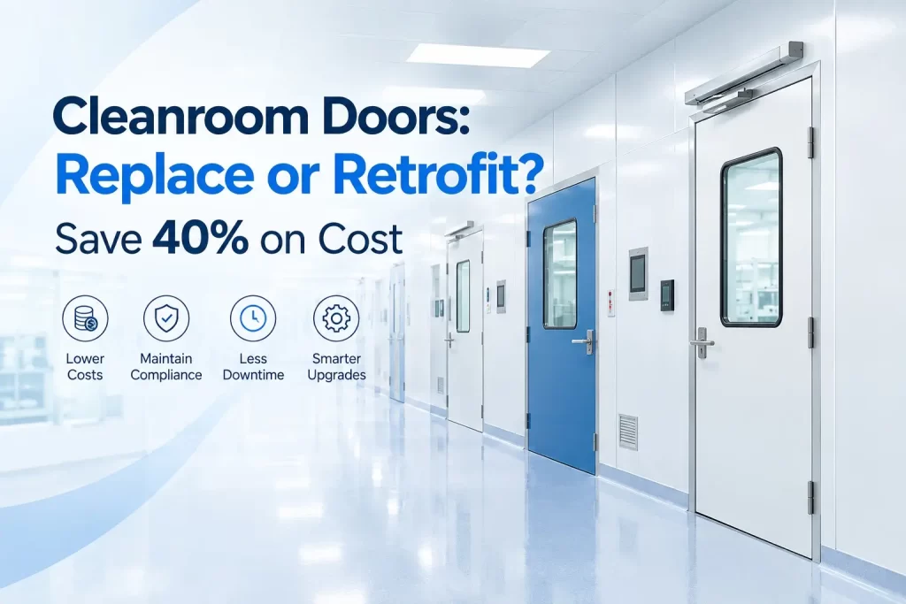 Cleanroom doors corridor featuring stainless steel and blue doors with automatic door operator for pharmaceutical and healthcare facilities.
