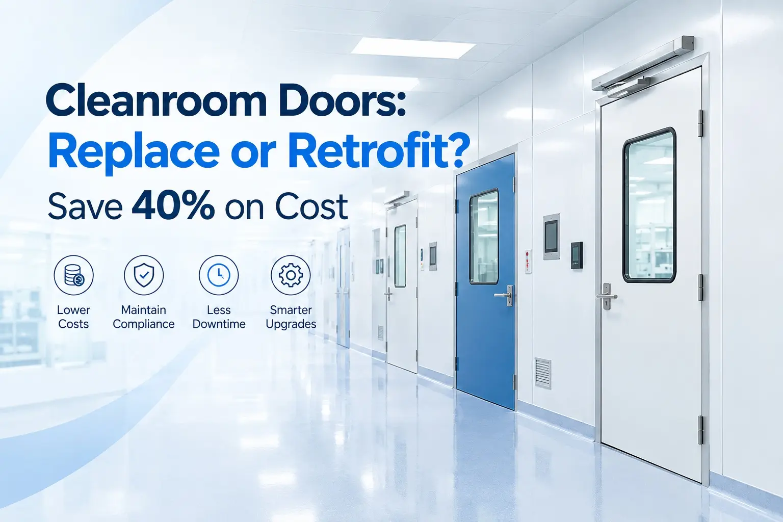Cleanroom doors corridor featuring stainless steel and blue doors with automatic door operator for pharmaceutical and healthcare facilities.