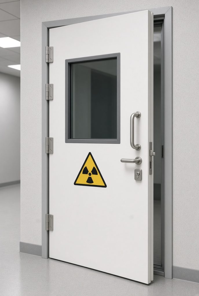 Slightly open heavy duty radiation shielding swing door showing stainless steel hinges, handle, and lead glass viewing panel.