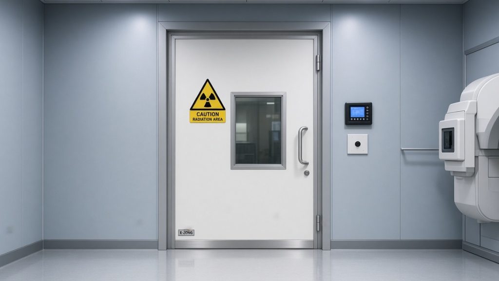 Radiation shielding door with lead glass vision window and radiation warning sign installed in a hospital CT scanner room.