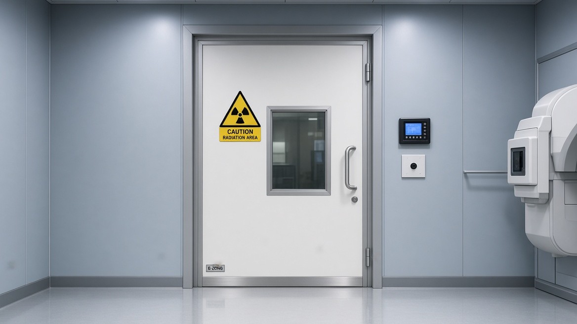 Radiation shielding door with lead glass vision window and radiation warning sign installed in a hospital CT scanner room.