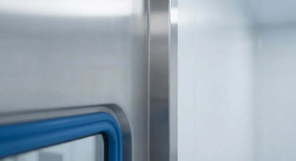 Close-up of blue peroxide-resistant silicone gasket on a stainless steel pharmaceutical cleanroom door frame.