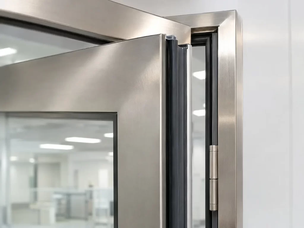 Close-up view of stainless steel cleanroom door leaf, frame, hinges, and black perimeter seal gasket.