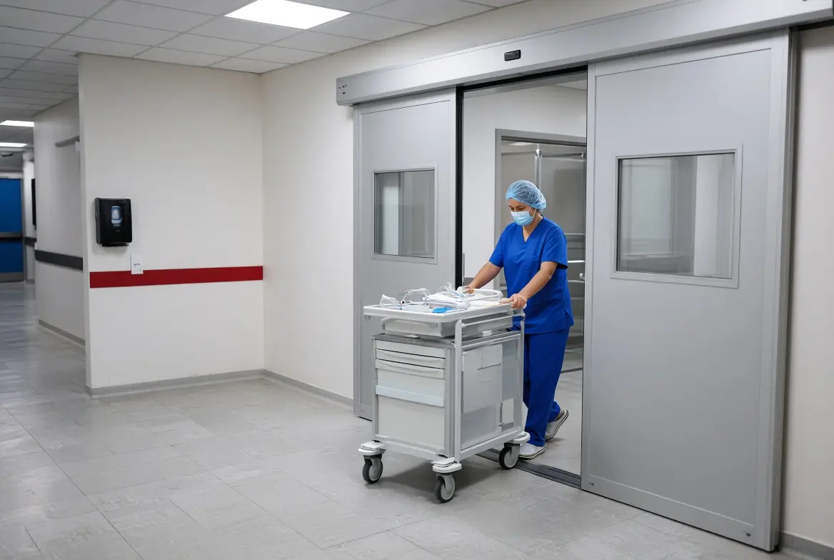 Healthcare worker pushing a medical cart through automatic cleanroom sliding doors with vision panels in a hospital hallway.