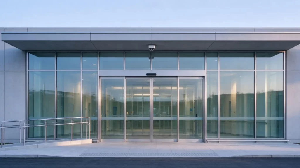 Automatic glass sliding doors at modern hospital main entrance with accessible ramp and touchless sensors