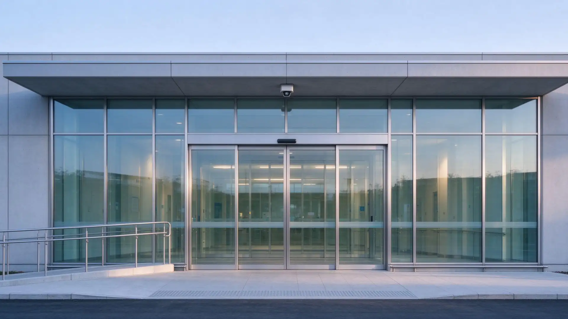 Automatic glass sliding doors at modern hospital main entrance with accessible ramp and touchless sensors