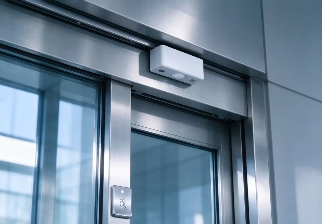 Close-up of hospital sliding door automatic motion sensor and stainless steel wave-to-open switch