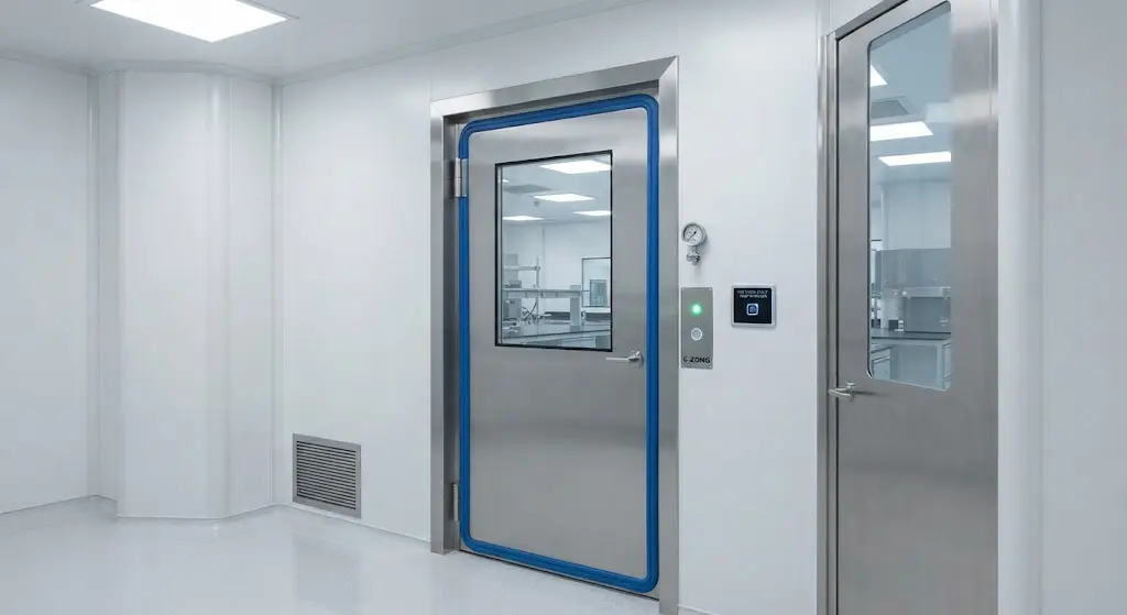 Stainless steel pharmaceutical door with blue VHP-resistant silicone seal and flush view panel in a pharmaceutical cleanroom.